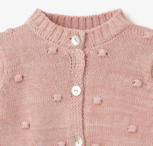 Load image into Gallery viewer, Elegant Baby Pink Popcorn Knit Baby Cardigan + Pom Pom Hat
