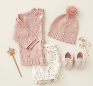 Elegant Baby Pink Popcorn Knit Baby Cardigan + Pom Pom Hat