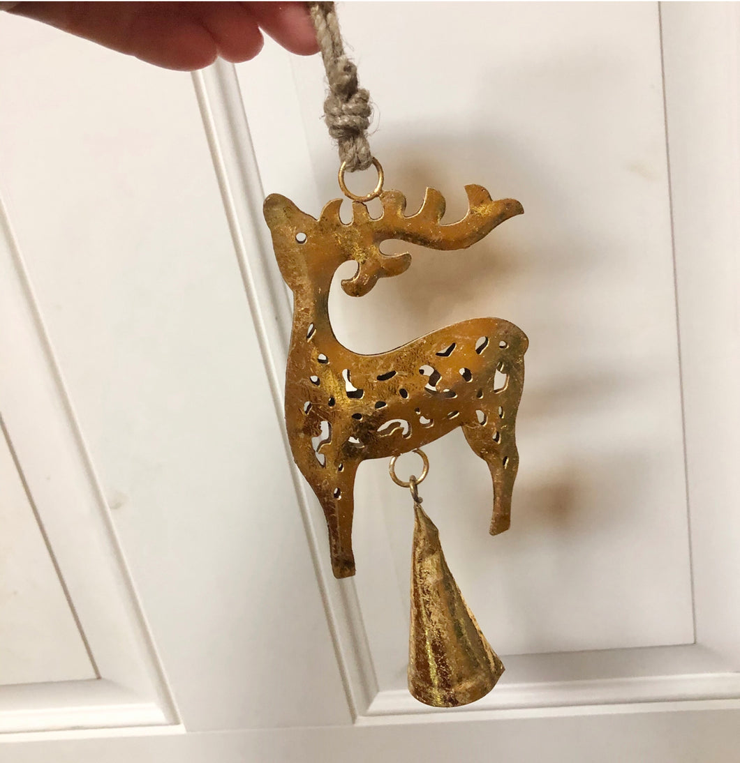 Gold Reindeer Bell Ornament