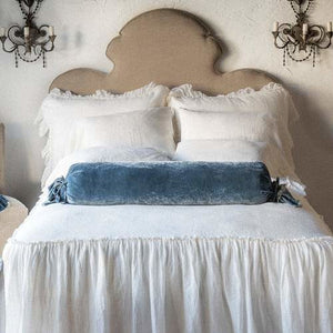 Bella Notte Linens Loulah 39" long silk velvet bolster pillow with  velvet ruffle trim;  jewel tone or pastel  solid colors; showstopping luxury bedding accent pillow