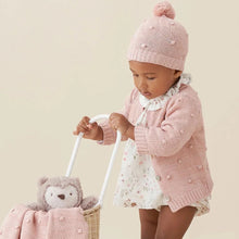 Load image into Gallery viewer, Elegant Baby Pink Popcorn Knit Baby Cardigan + Pom Pom Hat
