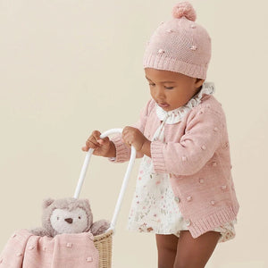 Elegant Baby Pink Popcorn Knit Baby Cardigan + Pom Pom Hat