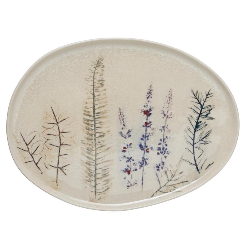 Stoneware Floral Oval Platter Crackle Glaze