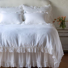 Load image into Gallery viewer, White linen queen size duvet cover with ruffle trim on three sides;  100% soft cotton; Bella Notte Linens Linen Whisper quick ship duvet cover
