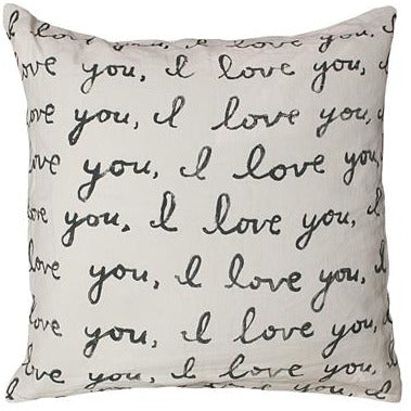 Sugrboo Designs cream color stonewashed linen square pillow, printed with multiple lines across front in black cursive font that repeat 